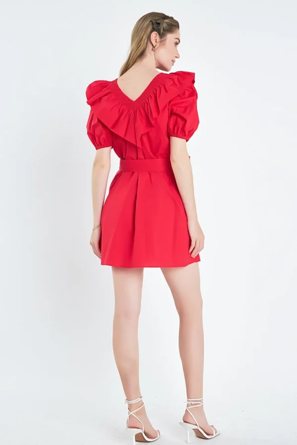ENGLISH FACTORY Puff Sleeve | Tops*- Smocked Ruffled Mini Dress RED
