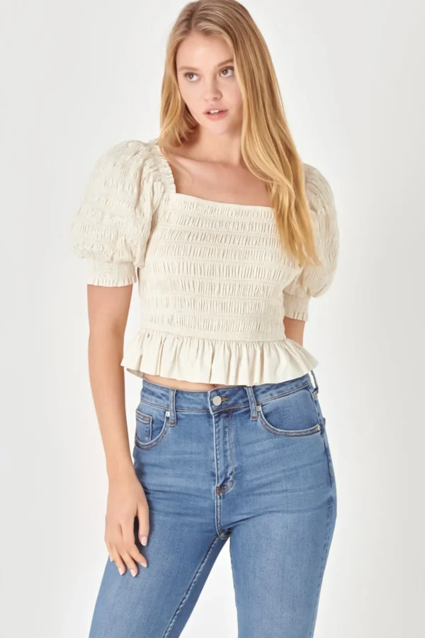 ENGLISH FACTORY Tops*- Smocked Puff Sleeve Top NUDE
