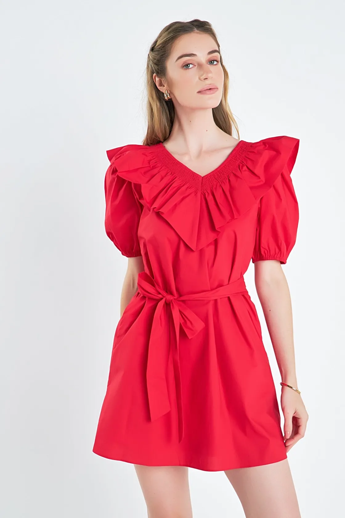 english_factory__smocked__3-3.webp ENGLISH FACTORY Puff Sleeve | Tops*- Smocked Ruffled Mini Dress RED