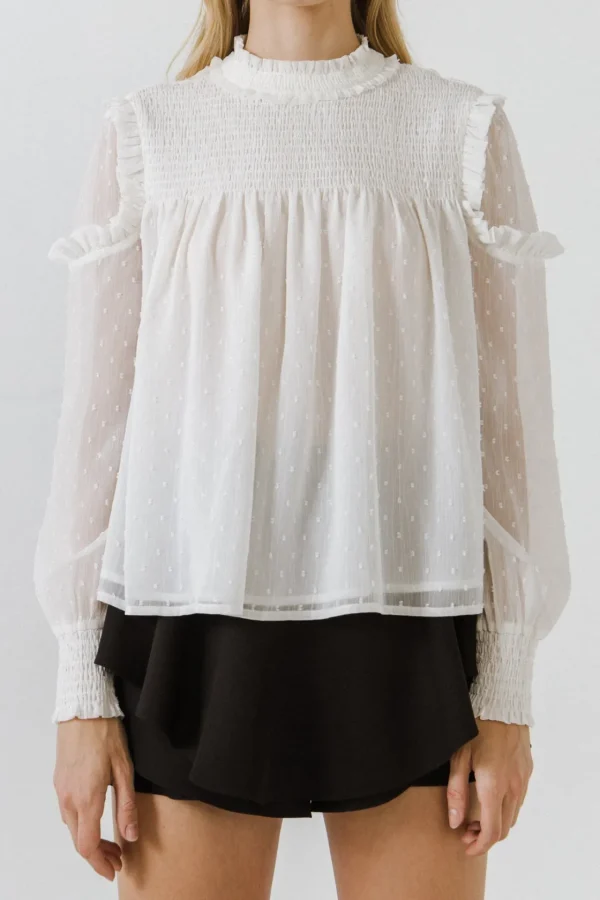 ENGLISH FACTORY Tops*- Smocking Yoke Ruffle Details Swiss Dot Blouse WHITE