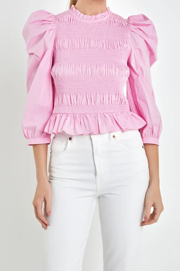 ENGLISH FACTORY Tops*- Smocking Detail Poplin Blouse PASTELPINK