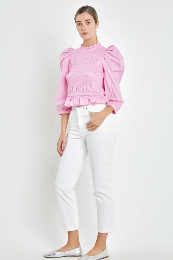ENGLISH FACTORY Tops*- Smocking Detail Poplin Blouse PASTELPINK