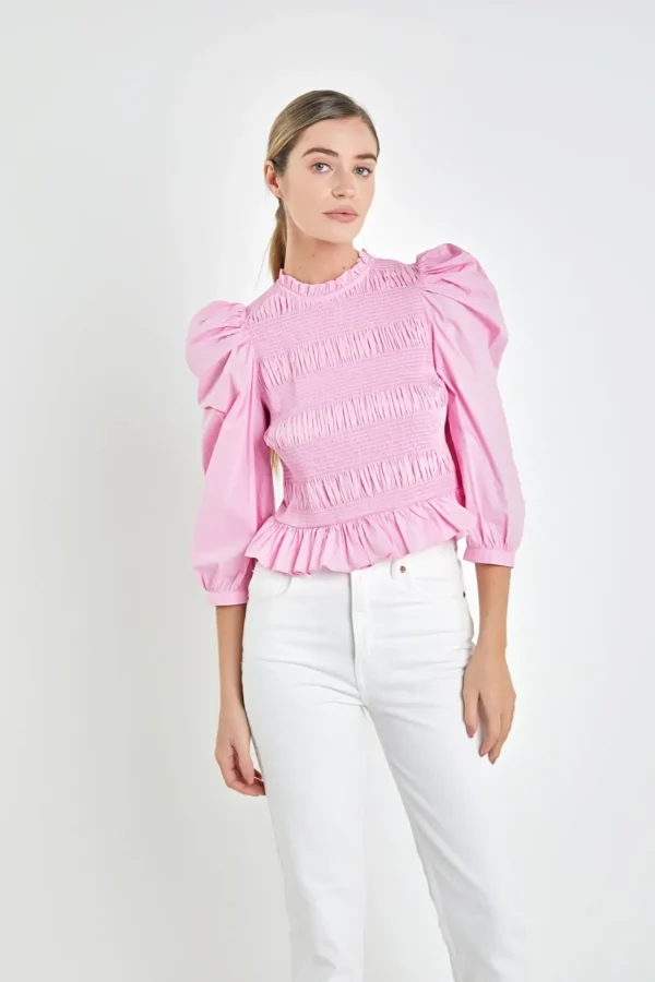 ENGLISH FACTORY Tops*- Smocking Detail Poplin Blouse PASTELPINK