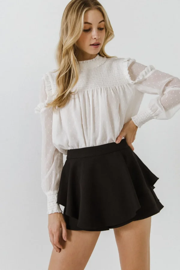 ENGLISH FACTORY Tops*- Smocking Yoke Ruffle Details Swiss Dot Blouse WHITE