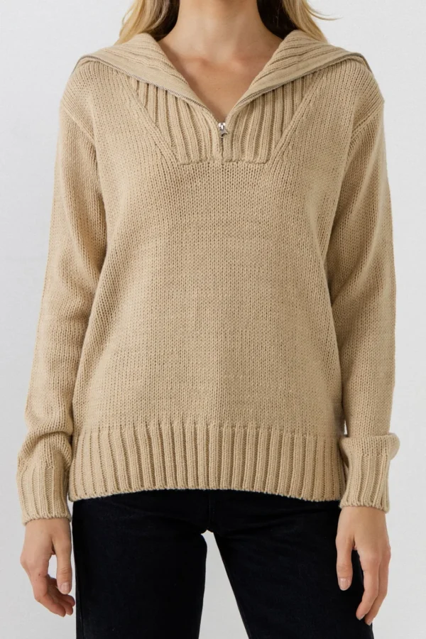 ENGLISH FACTORY Sweaters & Knits | Tops*- Solid Knit Zip Pullover TAUPE