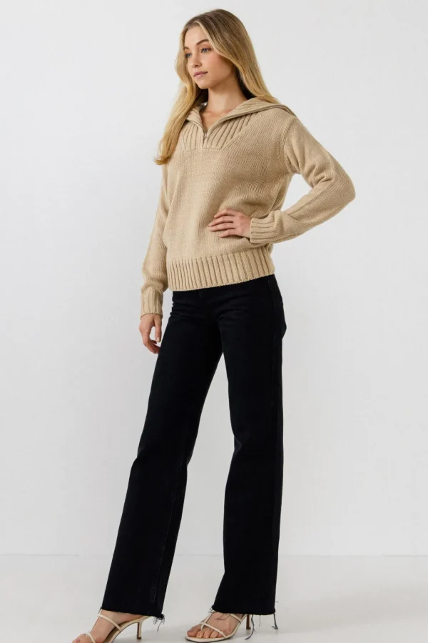 ENGLISH FACTORY Sweaters & Knits | Tops*- Solid Knit Zip Pullover TAUPE