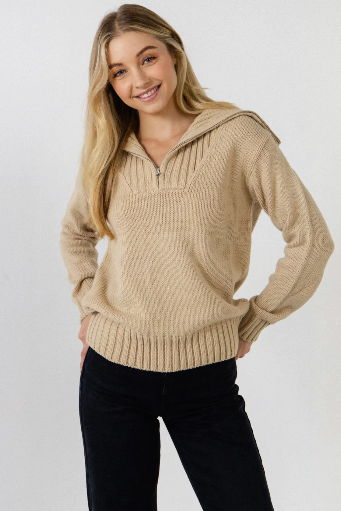 english_factory__solid_kn_3.webp ENGLISH FACTORY Sweaters & Knits | Tops*- Solid Knit Zip Pullover TAUPE