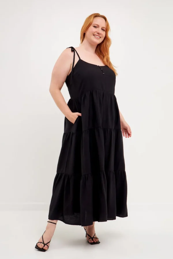 ENGLISH FACTORY Boho Dresses | Tops*- Spaghetti Tie Tiered Maxi Dress BLACK
