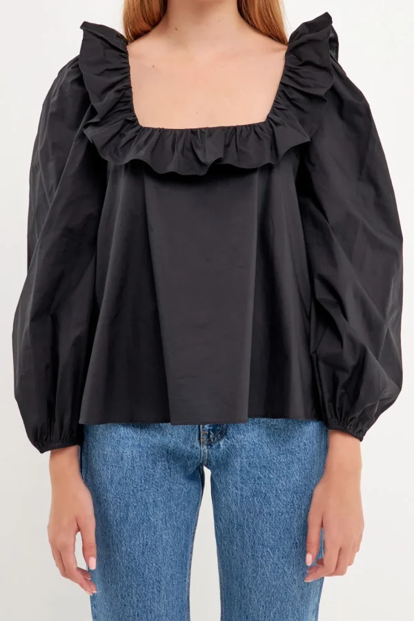 ENGLISH FACTORY Tops*- Square Neck Long Sleeve Top BLACK
