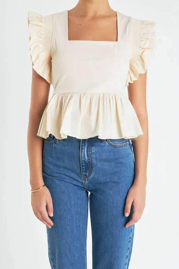 ENGLISH FACTORY Tops*- Square Neckline Ruffled Top CREAM