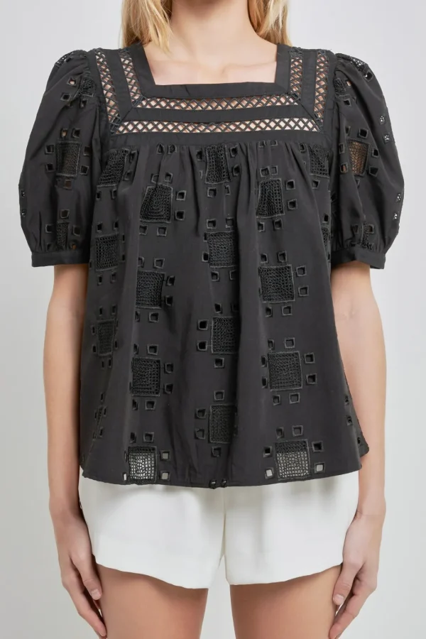 ENGLISH FACTORY Tops*- Square Neck Embroidered Top