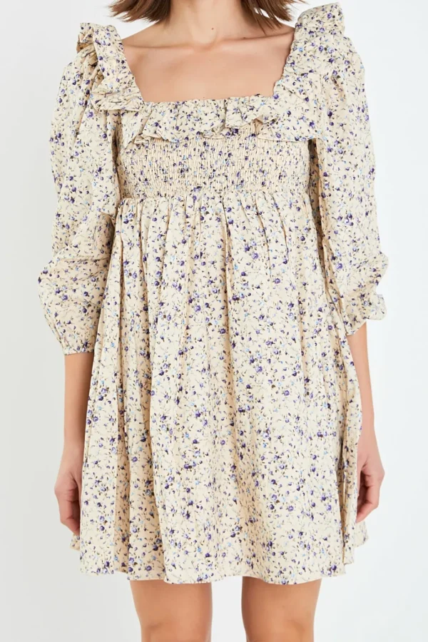 ENGLISH FACTORY Floral Dresses | Tops*- Square Neck Ruffled Smocked Mini Dress CREAM/PURPLE