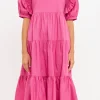 ENGLISH FACTORY Puff Sleeve | Tops*- Square Neck Ruffle Smocked Detail Midi Dress