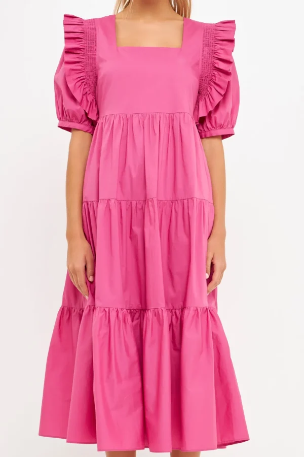 ENGLISH FACTORY Puff Sleeve | Tops*- Square Neck Ruffle Smocked Detail Midi Dress