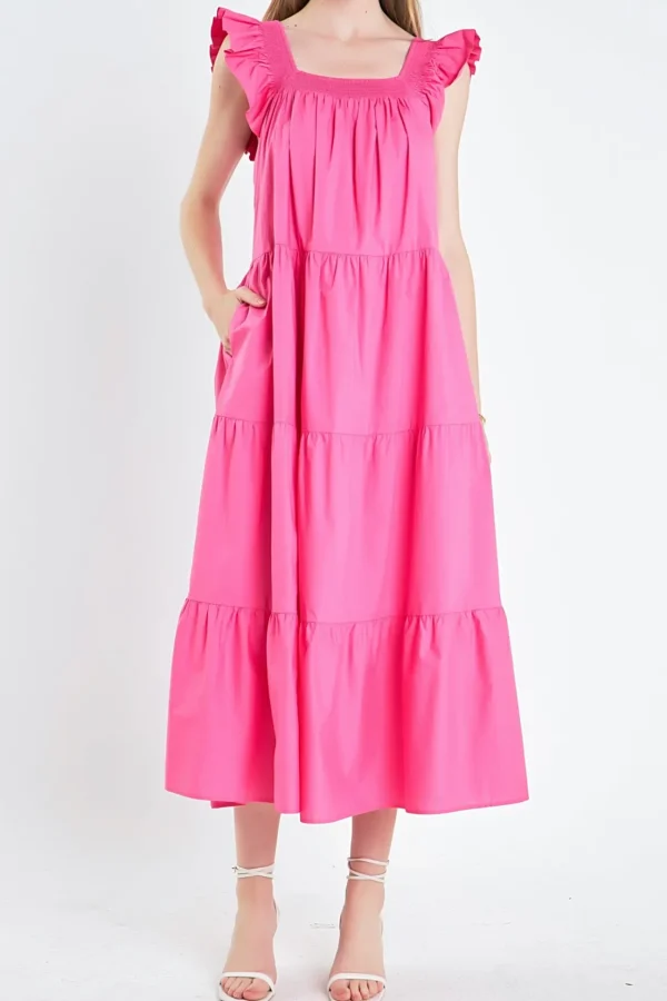 ENGLISH FACTORY Boho Dresses | Tops*- Square Neck Ruffle Detail Tiered Midi Dress