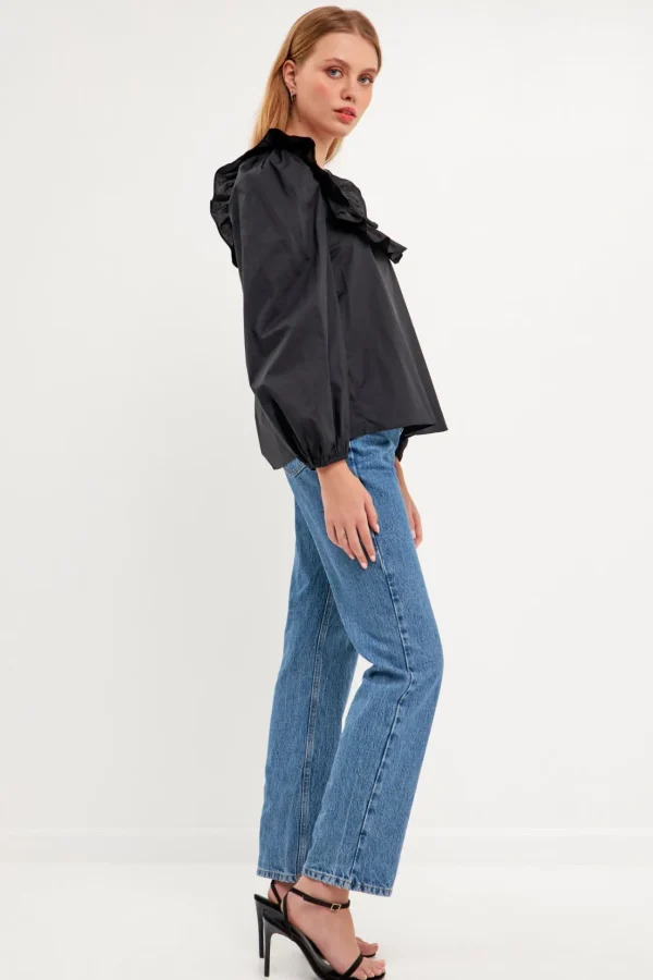 ENGLISH FACTORY Tops*- Square Neck Long Sleeve Top BLACK