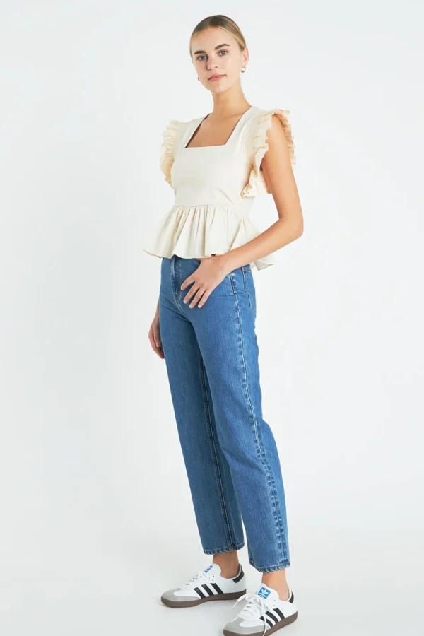 ENGLISH FACTORY Tops*- Square Neckline Ruffled Top CREAM
