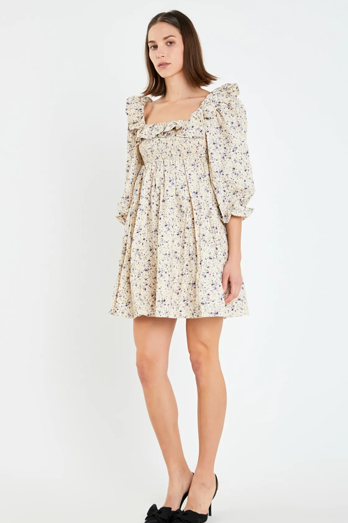 english_factory__square_n_1-5.webp ENGLISH FACTORY Floral Dresses | Tops*- Square Neck Ruffled Smocked Mini Dress CREAM/PURPLE