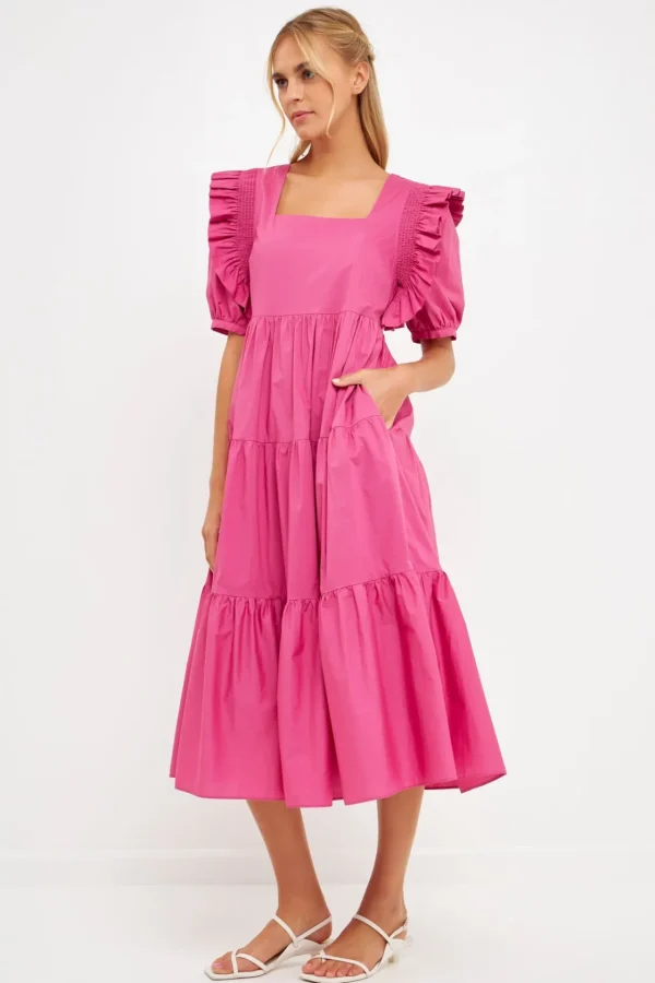 ENGLISH FACTORY Puff Sleeve | Tops*- Square Neck Ruffle Smocked Detail Midi Dress