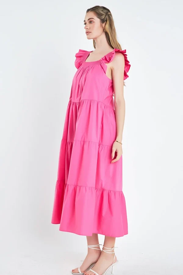 ENGLISH FACTORY Boho Dresses | Tops*- Square Neck Ruffle Detail Tiered Midi Dress