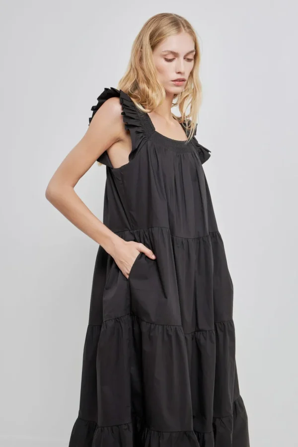 ENGLISH FACTORY Boho Dresses | Tops*- Square Neck Ruffle Detail Tiered Midi Dress