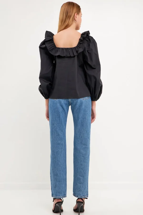 ENGLISH FACTORY Tops*- Square Neck Long Sleeve Top BLACK