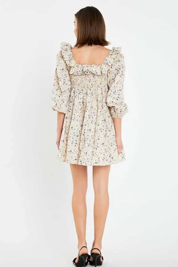 ENGLISH FACTORY Floral Dresses | Tops*- Square Neck Ruffled Smocked Mini Dress CREAM/PURPLE