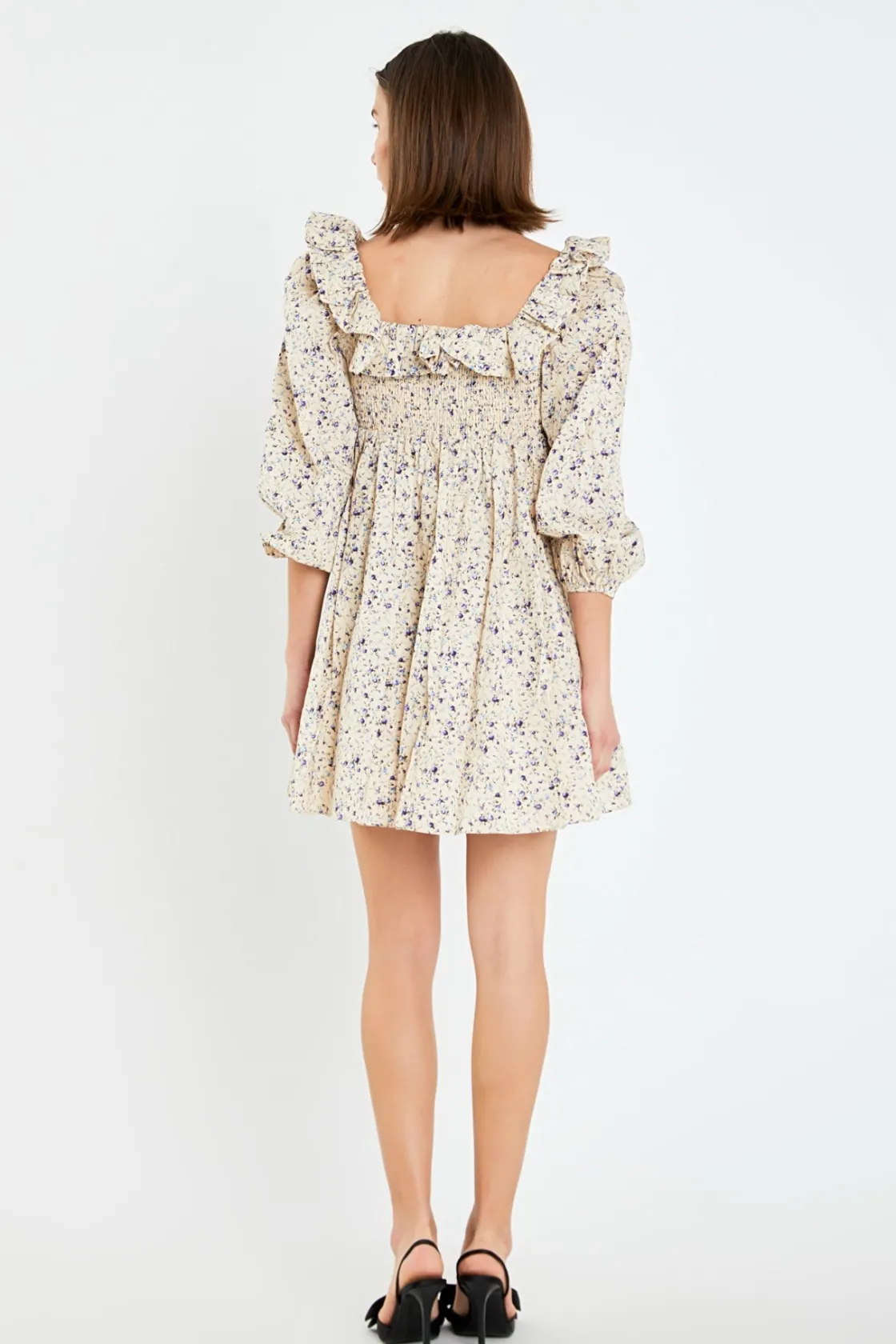 english_factory__square_n_2-5.webp ENGLISH FACTORY Floral Dresses | Tops*- Square Neck Ruffled Smocked Mini Dress CREAM/PURPLE