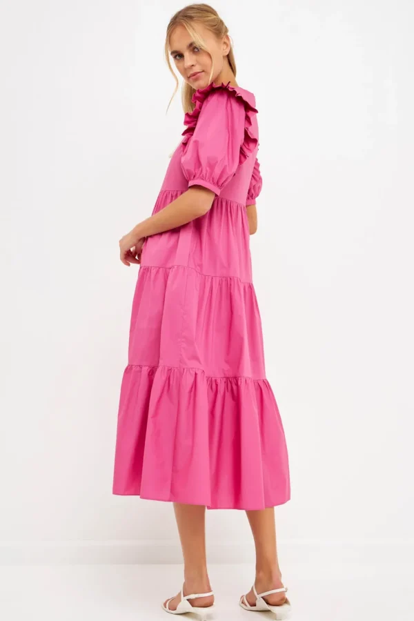 ENGLISH FACTORY Puff Sleeve | Tops*- Square Neck Ruffle Smocked Detail Midi Dress