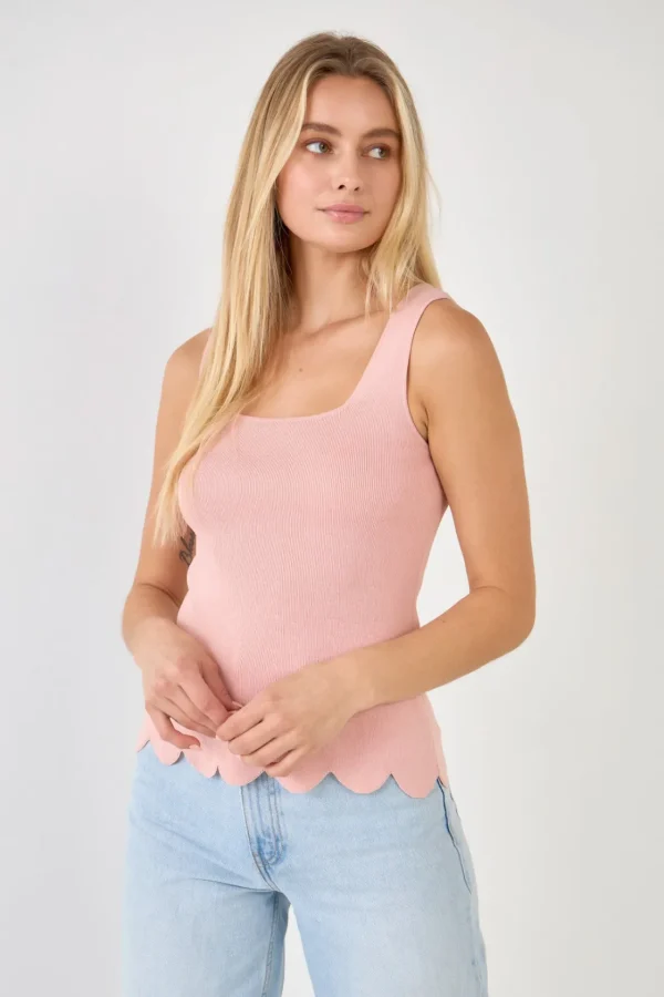ENGLISH FACTORY Tops*- Square neckline Scallop Edge Knit Tank Top PINK