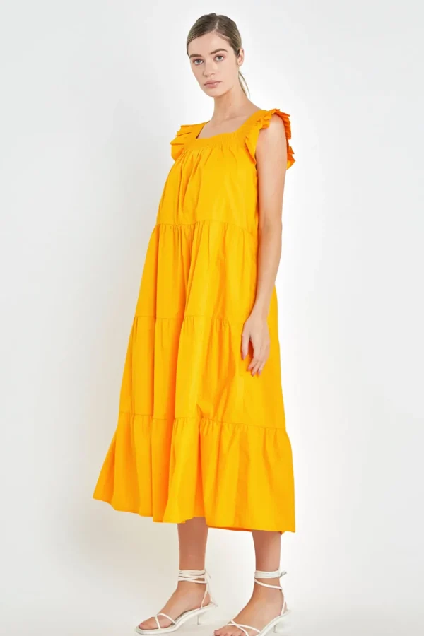 ENGLISH FACTORY Boho Dresses | Tops*- Square Neck Ruffle Detail Tiered Midi Dress