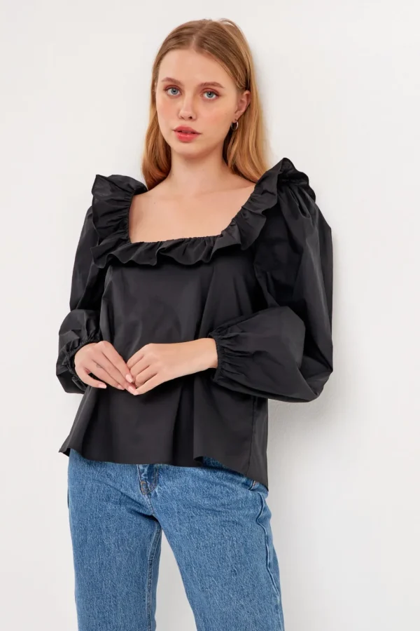 ENGLISH FACTORY Tops*- Square Neck Long Sleeve Top BLACK
