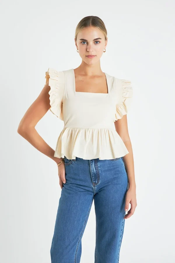 ENGLISH FACTORY Tops*- Square Neckline Ruffled Top CREAM