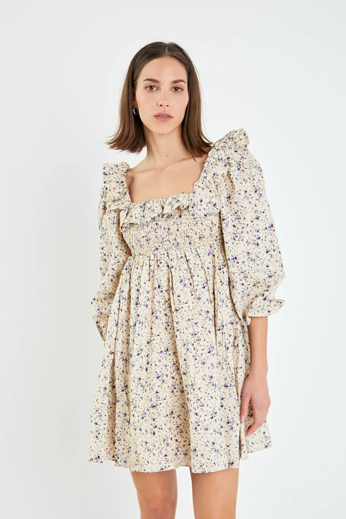 english_factory__square_n_3-5.webp ENGLISH FACTORY Floral Dresses | Tops*- Square Neck Ruffled Smocked Mini Dress CREAM/PURPLE