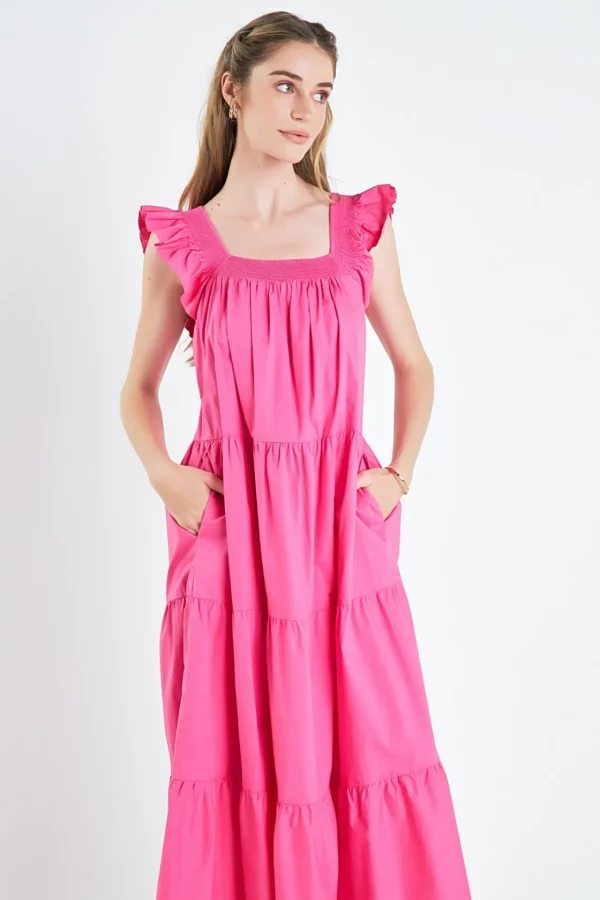 ENGLISH FACTORY Boho Dresses | Tops*- Square Neck Ruffle Detail Tiered Midi Dress