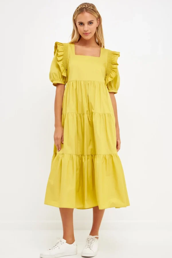 ENGLISH FACTORY Puff Sleeve | Tops*- Square Neck Ruffle Smocked Detail Midi Dress