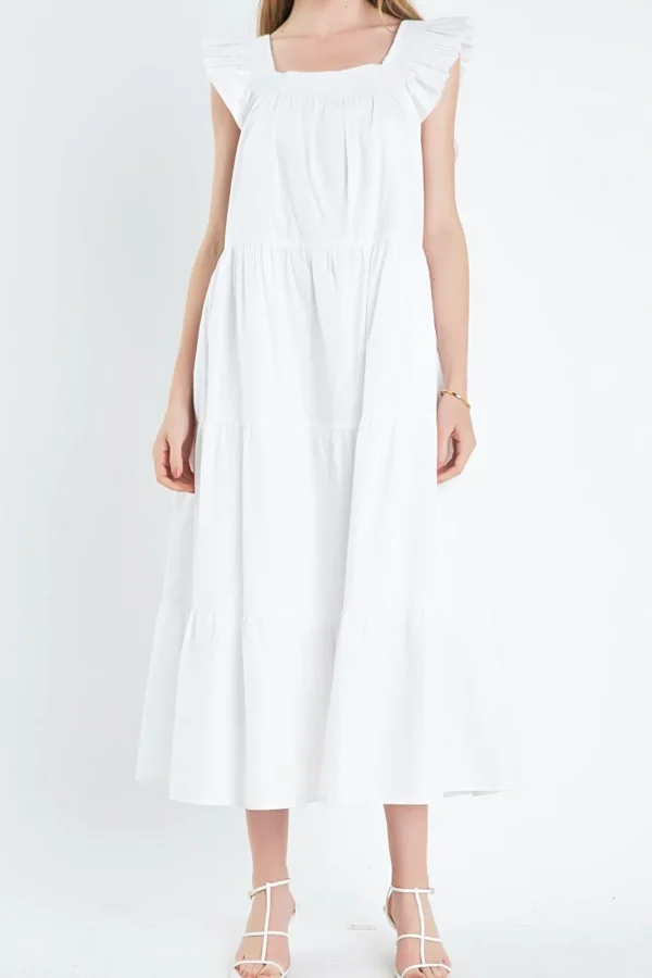 ENGLISH FACTORY Boho Dresses | Tops*- Square Neck Ruffle Detail Tiered Midi Dress