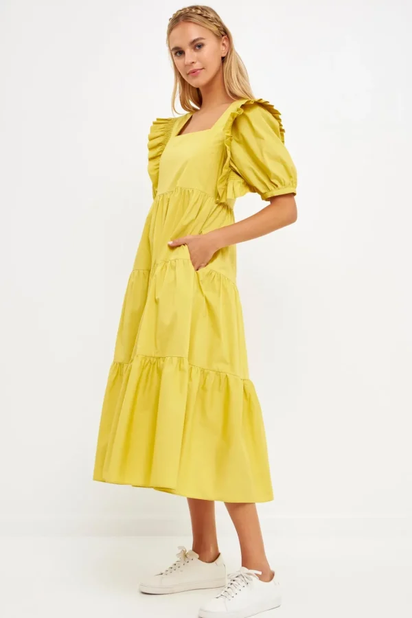 ENGLISH FACTORY Puff Sleeve | Tops*- Square Neck Ruffle Smocked Detail Midi Dress