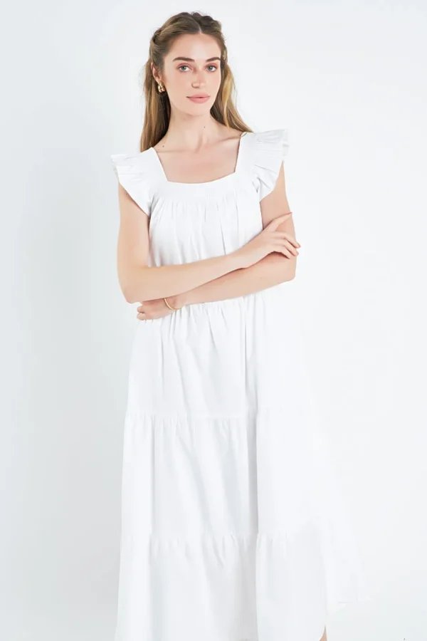 ENGLISH FACTORY Boho Dresses | Tops*- Square Neck Ruffle Detail Tiered Midi Dress