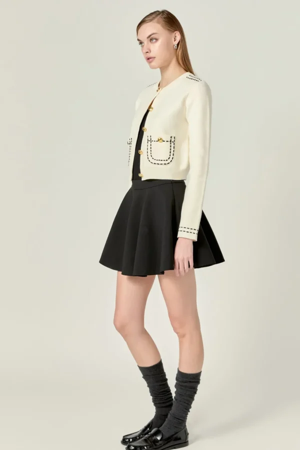 ENGLISH FACTORY Sweaters & Knits | Tops*- Stitch Detail Puff Sleeve Cardigan OFFWHITE