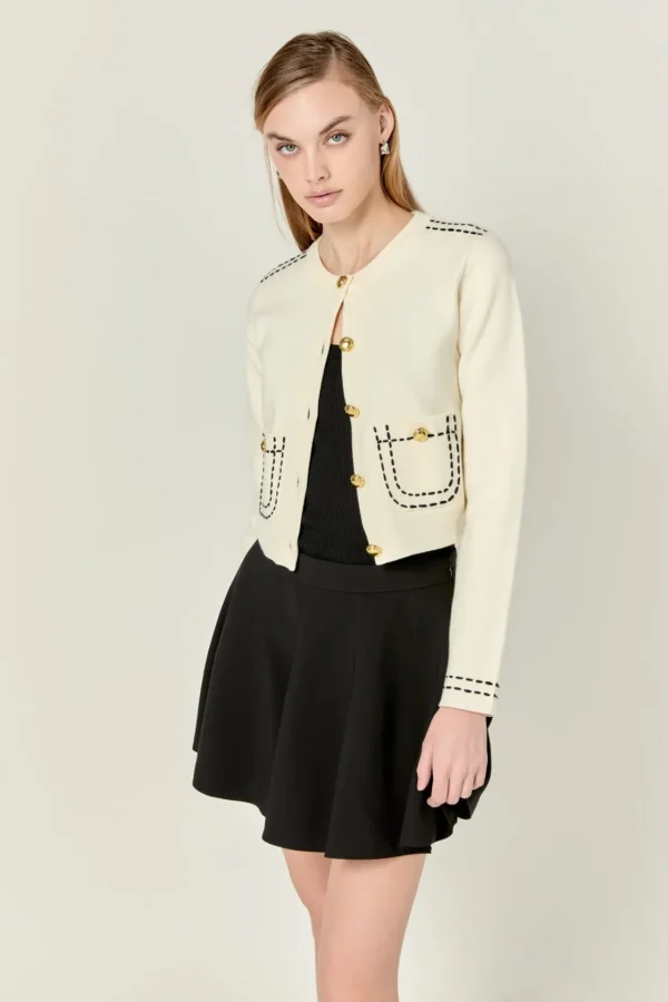ENGLISH FACTORY Sweaters & Knits | Tops*- Stitch Detail Puff Sleeve Cardigan OFFWHITE