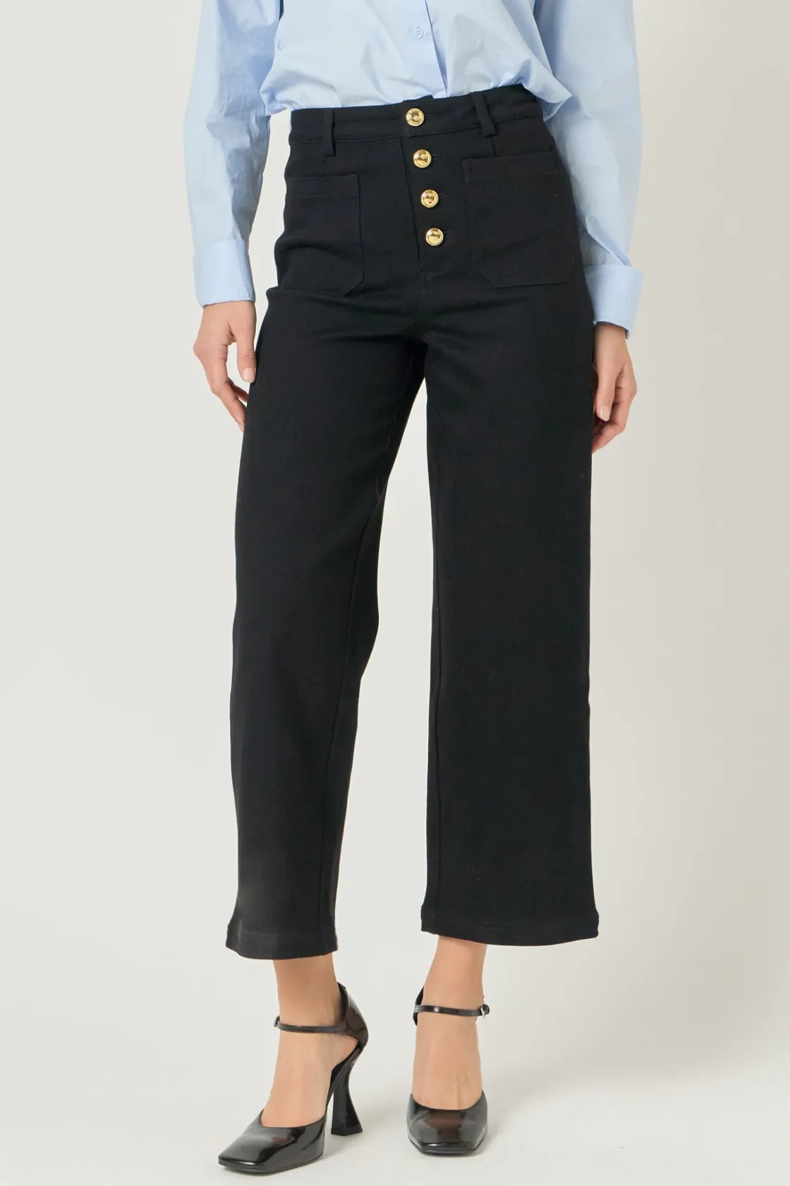 english_factory__stretche_3.webp ENGLISH FACTORY Pants | Tops*- Stretched Gold Button Culotte Pants BLACK