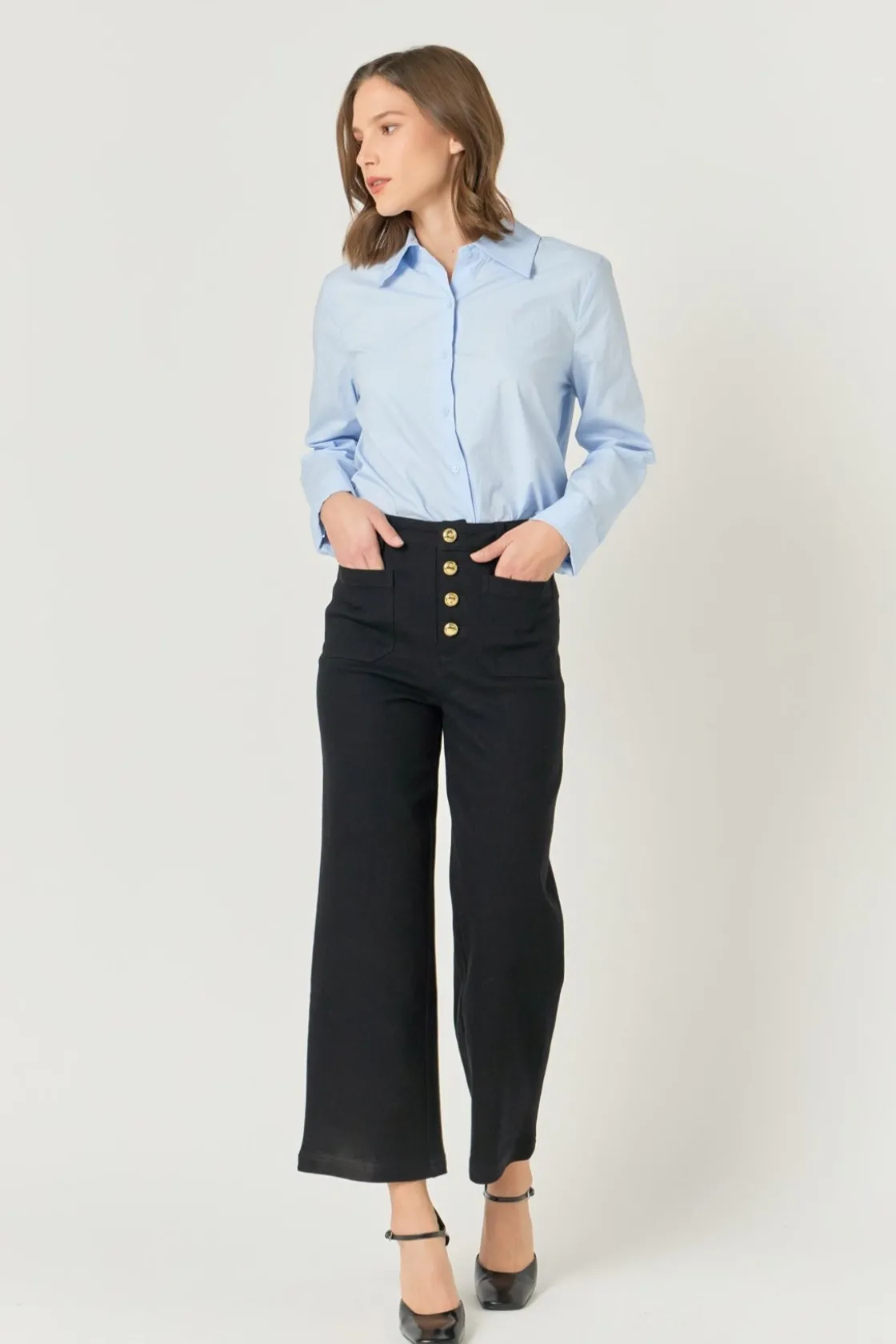 english_factory__stretche_4.webp ENGLISH FACTORY Pants | Tops*- Stretched Gold Button Culotte Pants BLACK
