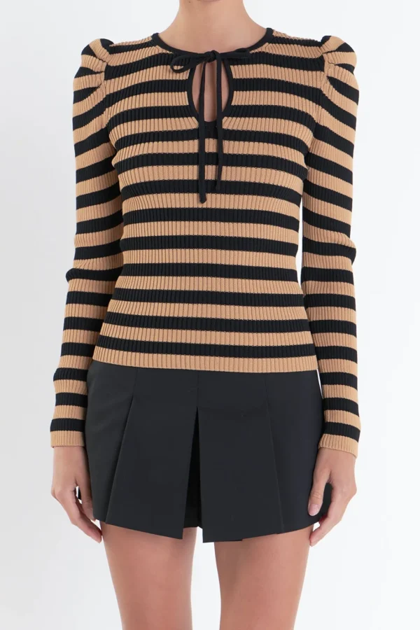 ENGLISH FACTORY Tops*- Stripe Bow Knit Top TAN/BLACK