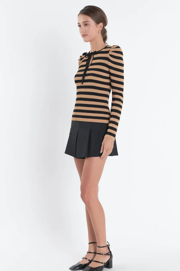 ENGLISH FACTORY Tops*- Stripe Bow Knit Top TAN/BLACK
