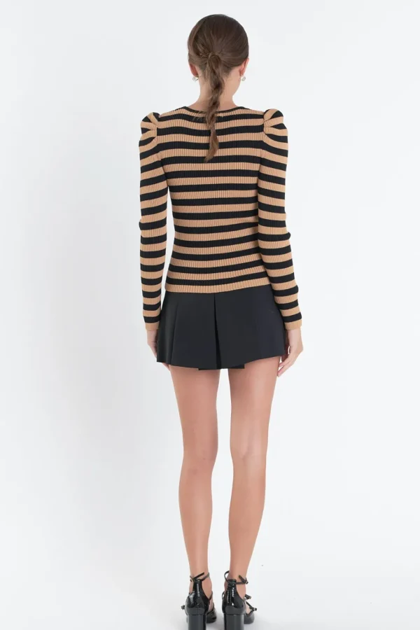 ENGLISH FACTORY Tops*- Stripe Bow Knit Top TAN/BLACK