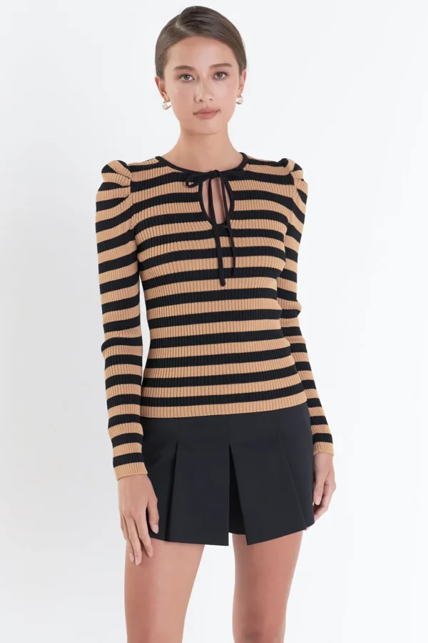 ENGLISH FACTORY Tops*- Stripe Bow Knit Top TAN/BLACK