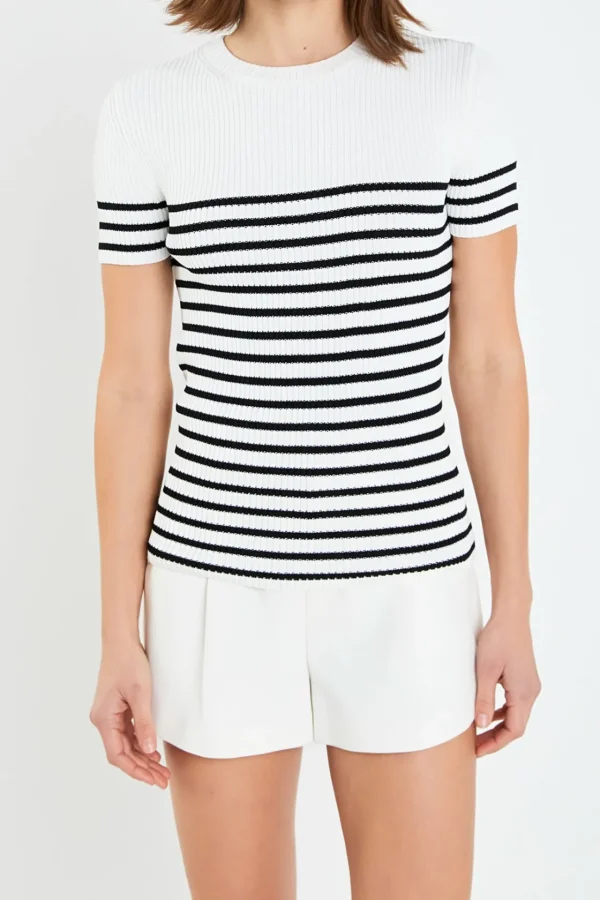 ENGLISH FACTORY Tops*- Stripe Fitted Knit Top WHITE/BLACK