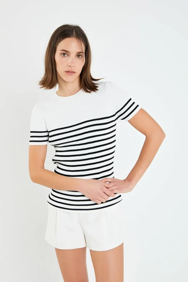 ENGLISH FACTORY Tops*- Stripe Fitted Knit Top WHITE/BLACK