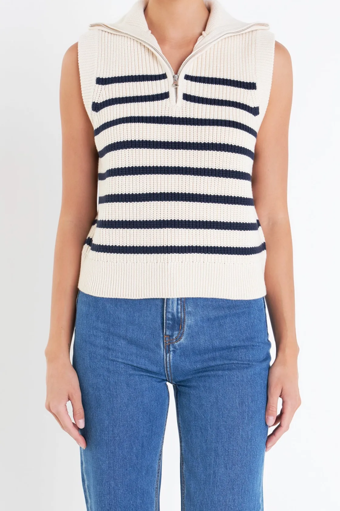 english_factory__stripe_h_10.webp ENGLISH FACTORY Sweaters & Knits | Tops*- Stripe Half Zip Up Sleeveless Knit Top